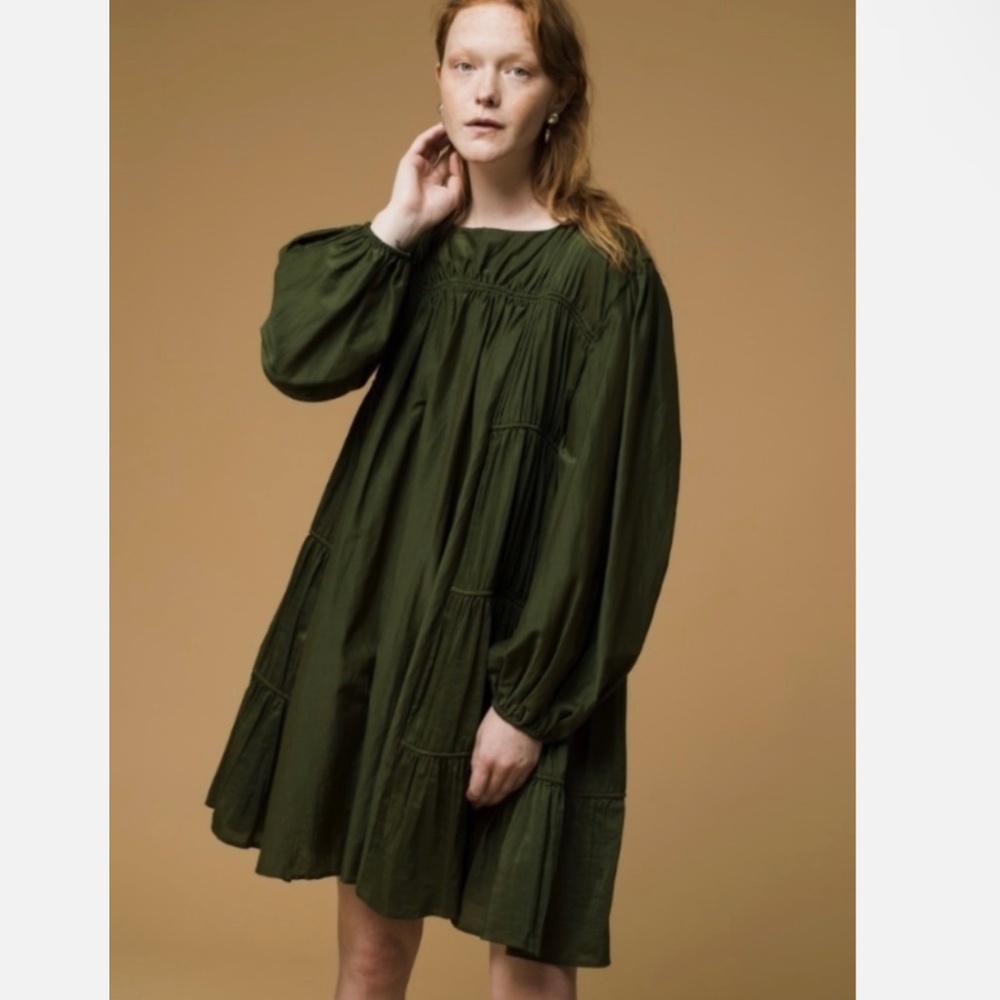 ★NWT Org.$500 MERLETTE Siddal Tiered Cotton & Silk Dress Olive Size S★